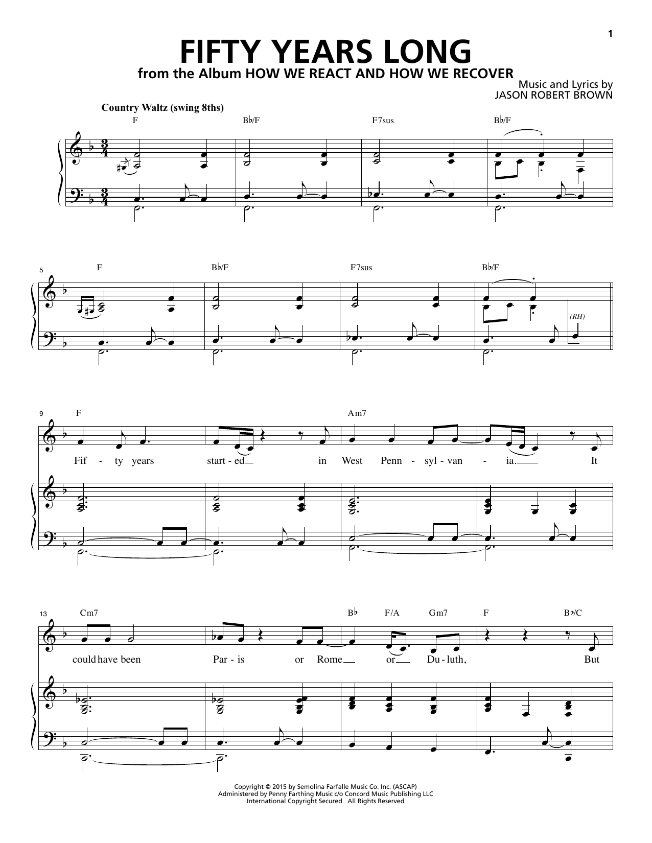 Jason Robert Brown Fifty Years Long (from How We React And How We Recover) Sheet Music Notes & Chords for Piano & Vocal - Download or Print PDF