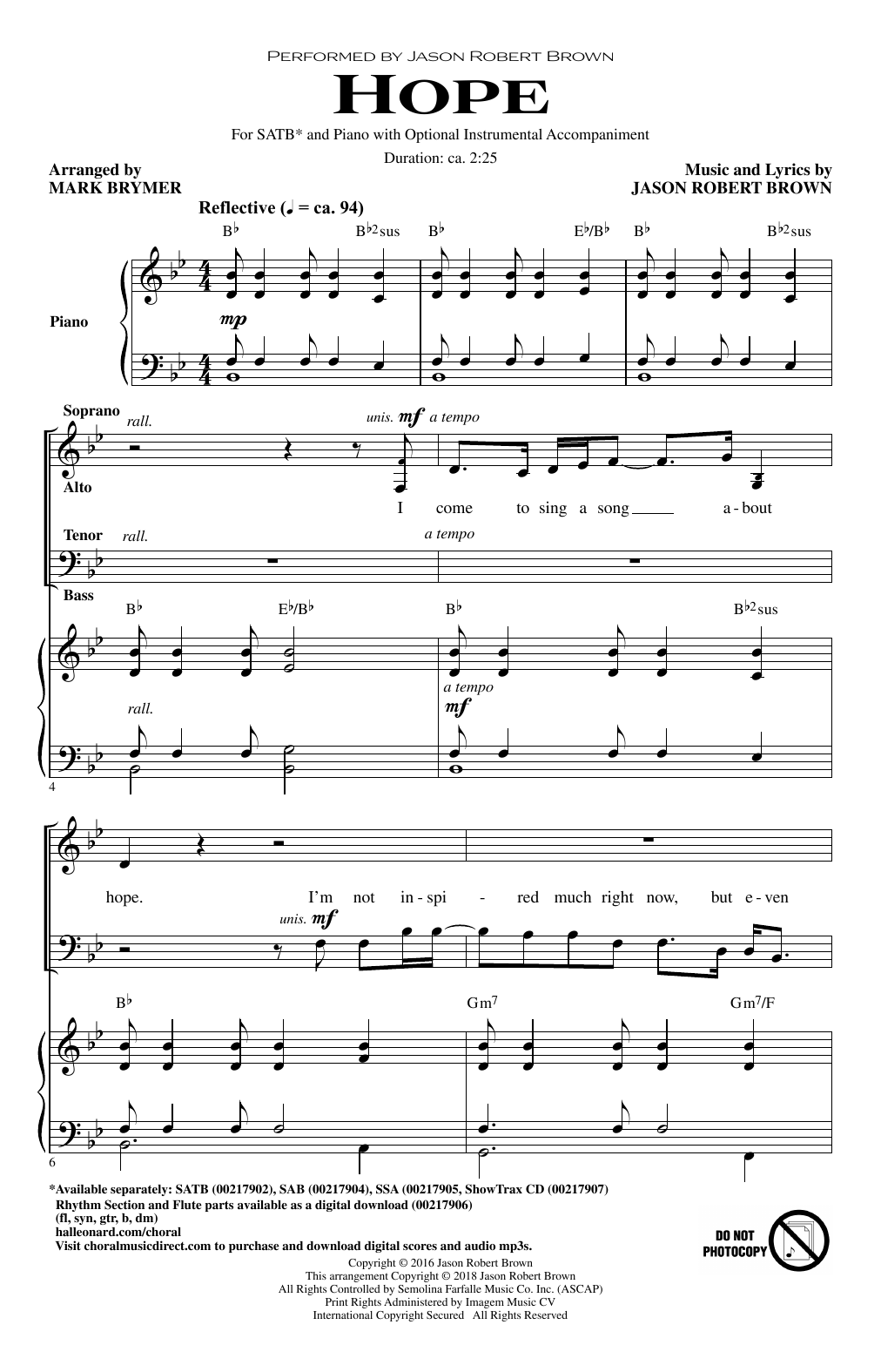 Jason Robert Brown Hope (from How We React and How We Recover) (arr. Mark Brymer) Sheet Music Notes & Chords for SAB Choir - Download or Print PDF