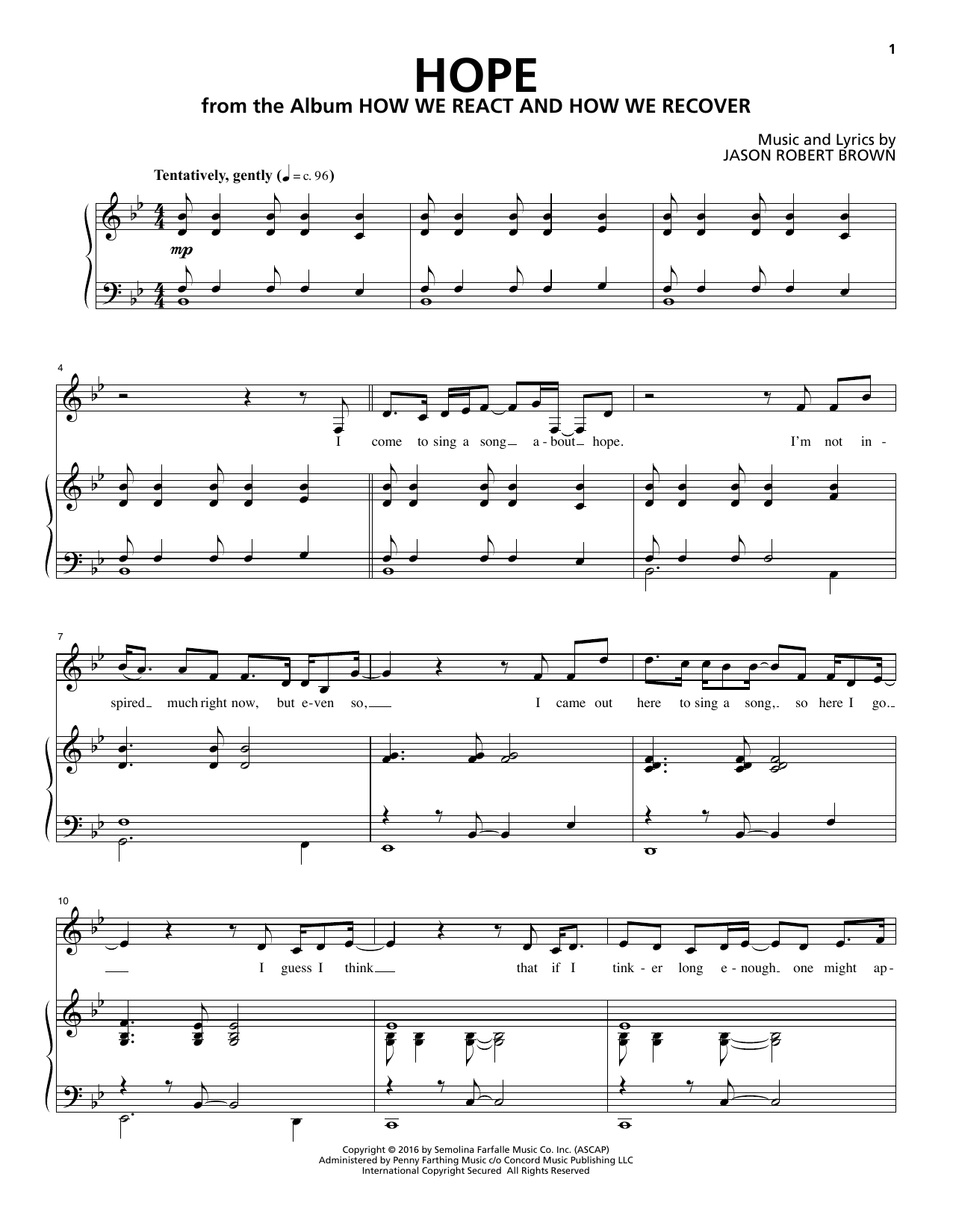 Jason Robert Brown Hope (from How We React And How We Recover) Sheet Music Notes & Chords for Piano & Vocal - Download or Print PDF