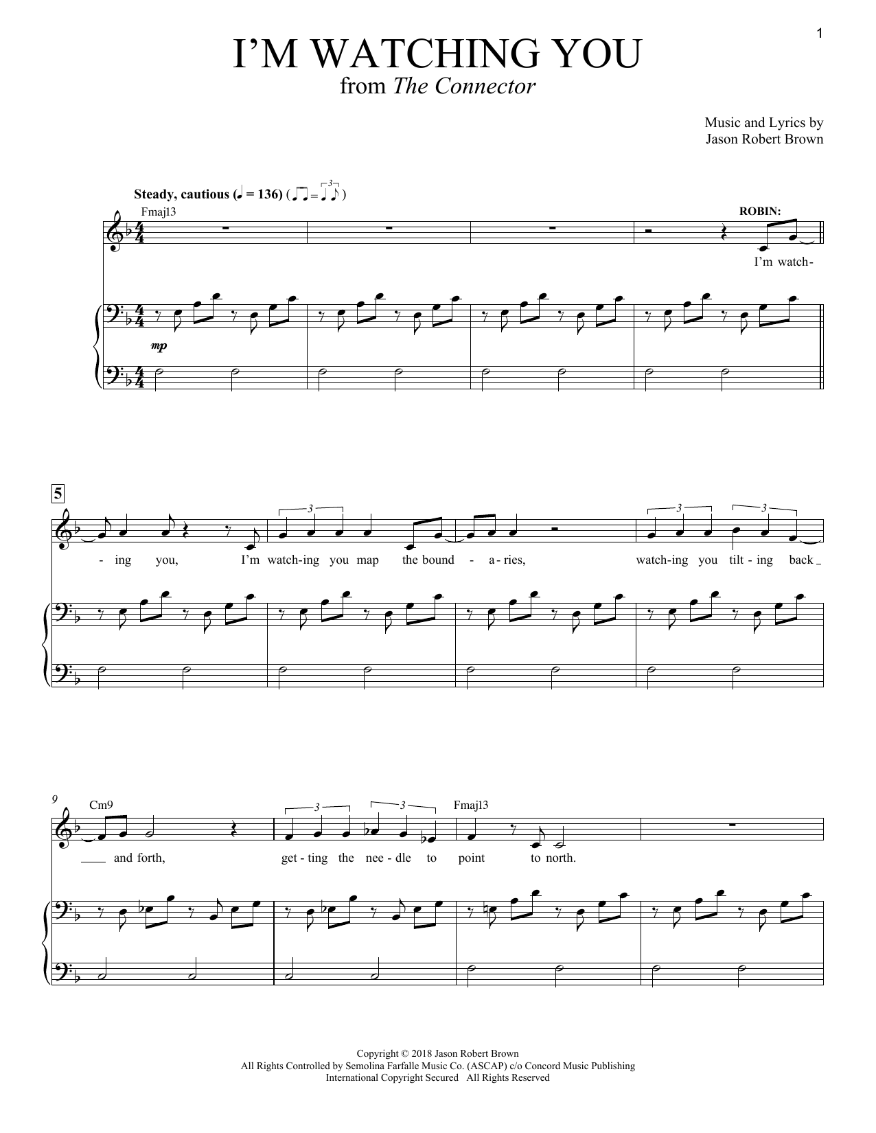 Jason Robert Brown I'm Watching You (from The Connector) Sheet Music Notes & Chords for Piano & Vocal - Download or Print PDF