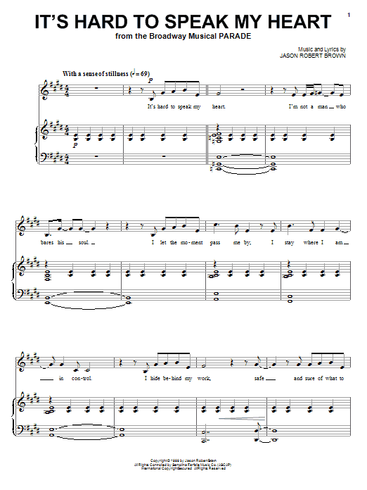 Jason Robert Brown It's Hard To Speak My Heart (from Parade) Sheet Music Notes & Chords for Piano, Vocal & Guitar (Right-Hand Melody) - Download or Print PDF