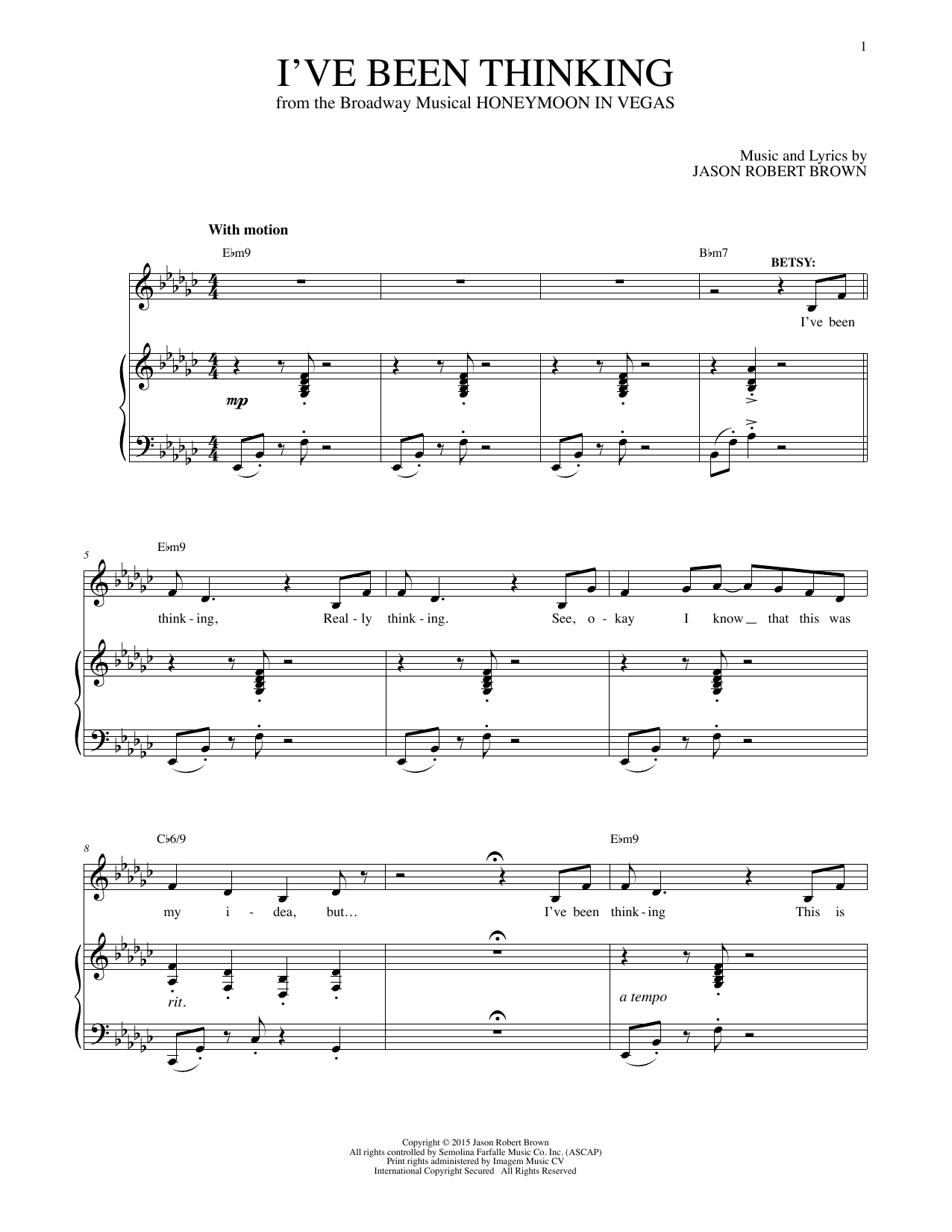 Jason Robert Brown I've Been Thinking (from Honeymoon in Vegas) Sheet Music Notes & Chords for Piano & Vocal - Download or Print PDF