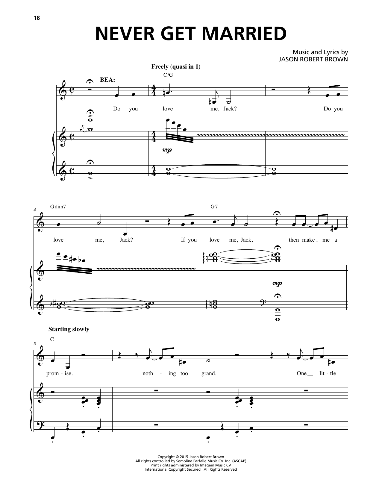 Jason Robert Brown Never Get Married (from Honeymoon in Vegas) Sheet Music Notes & Chords for Piano & Vocal - Download or Print PDF