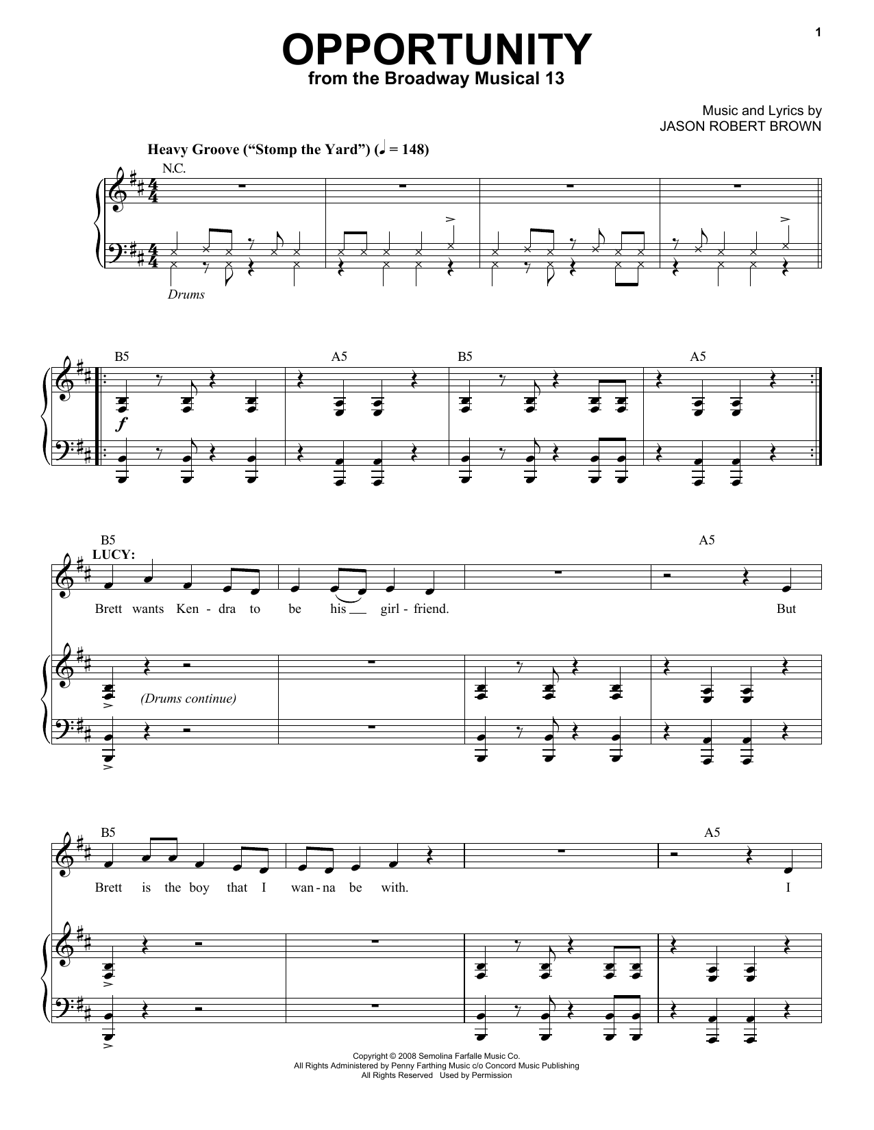 Jason Robert Brown Opportunity (from 13: The Musical) Sheet Music Notes & Chords for Piano, Vocal & Guitar (Right-Hand Melody) - Download or Print PDF