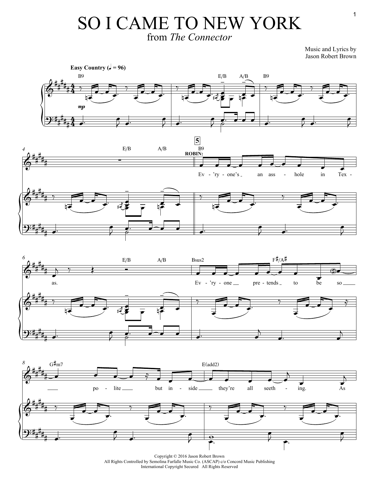 Jason Robert Brown So I Came To New York (from The Connector) Sheet Music Notes & Chords for Piano & Vocal - Download or Print PDF