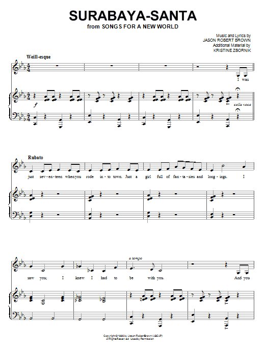 Jason Robert Brown Surabaya-Santa (from Songs for a New World) Sheet Music Notes & Chords for Piano, Vocal & Guitar (Right-Hand Melody) - Download or Print PDF