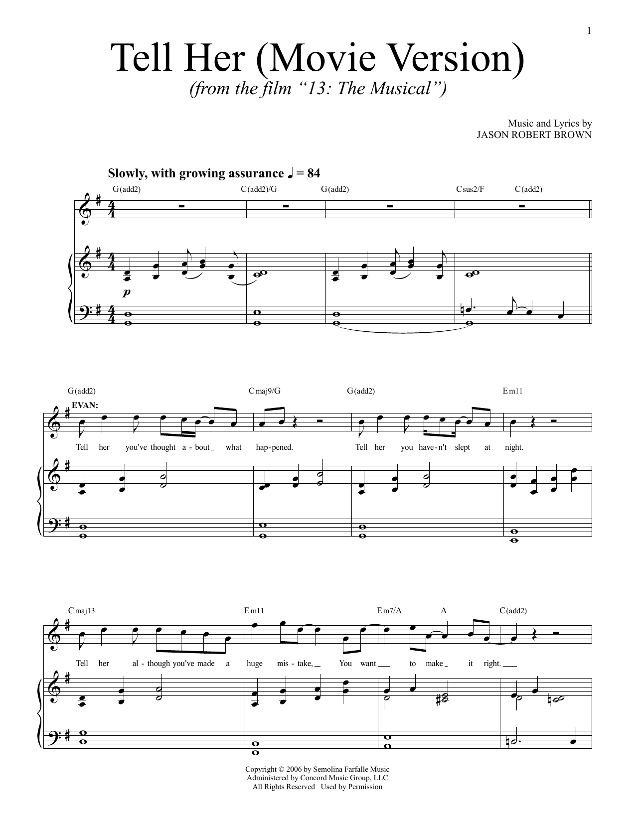 Jason Robert Brown Tell Her (from 13: The Musical) (Netflix film) Sheet Music Notes & Chords for Piano & Vocal - Download or Print PDF