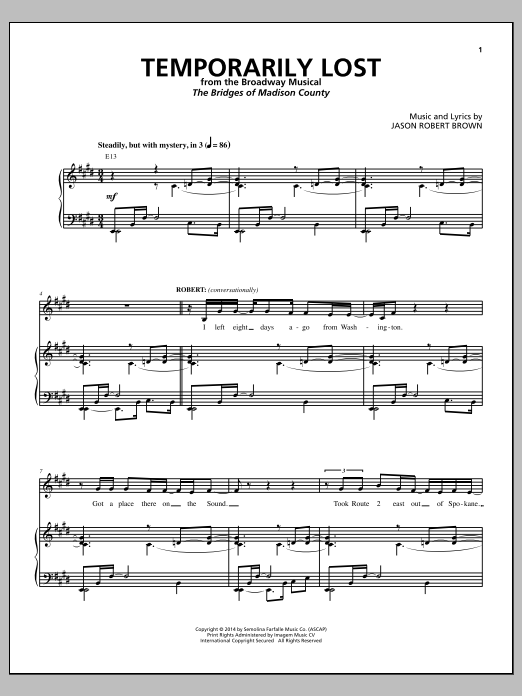 Jason Robert Brown Temporarily Lost (from The Bridges of Madison County) Sheet Music Notes & Chords for Piano & Vocal - Download or Print PDF