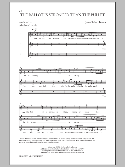 Jason Robert Brown The Ballot Is Stronger Than The Bullet Sheet Music Notes & Chords for 3-Part Mixed - Download or Print PDF