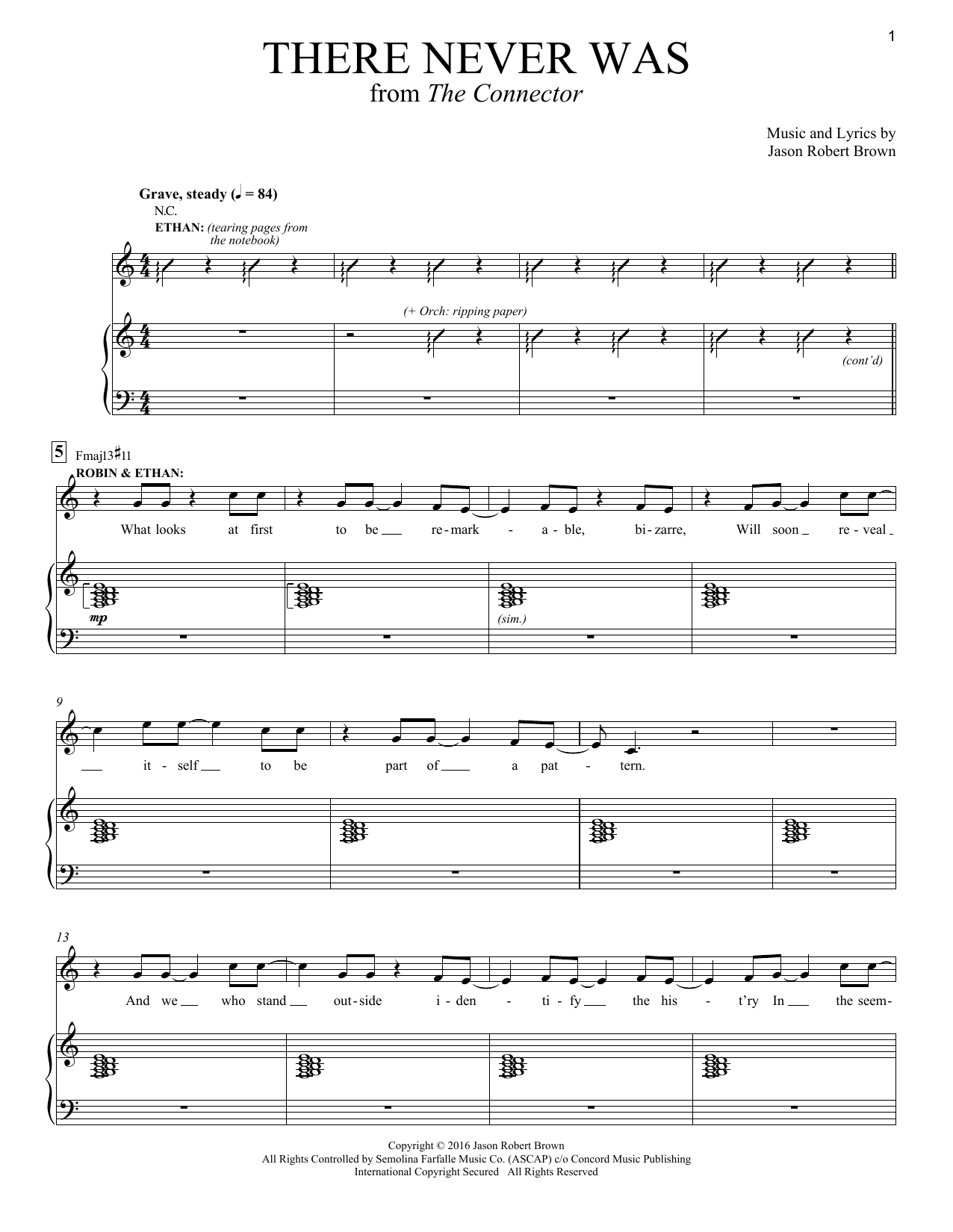 Jason Robert Brown There Never Was (from The Connector) Sheet Music Notes & Chords for Piano & Vocal - Download or Print PDF