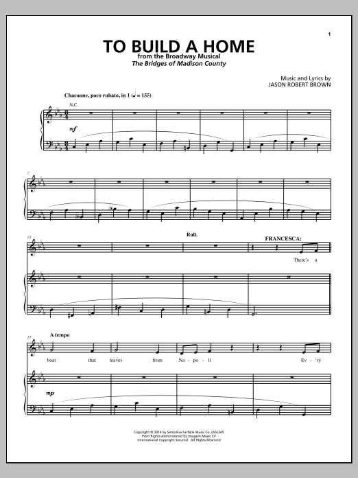 Jason Robert Brown To Build A Home (from The Bridges of Madison County) Sheet Music Notes & Chords for Piano & Vocal - Download or Print PDF