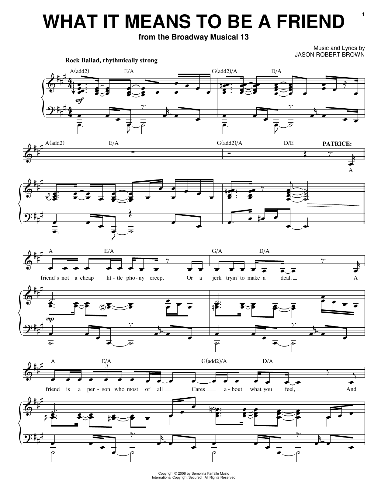 Jason Robert Brown What It Means To Be A Friend (from 13: The Musical) Sheet Music Notes & Chords for Piano & Vocal - Download or Print PDF