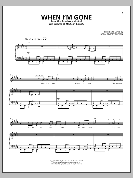 Jason Robert Brown When I'm Gone (from The Bridges of Madison County) Sheet Music Notes & Chords for Piano & Vocal - Download or Print PDF