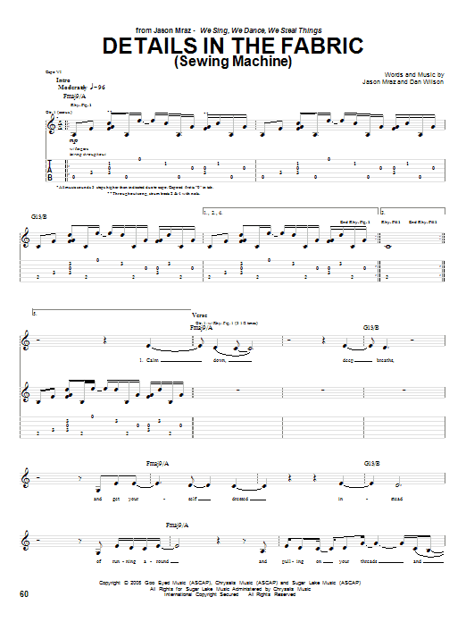 Preview Jason Mraz Details In The Fabric (Sewing Machine) Pop sheet music, notes and chords for Piano, Vocal & Guitar (Right-Hand Melody), SKU: 408555 Details In The Fabric (Sewing Machine) sheet music