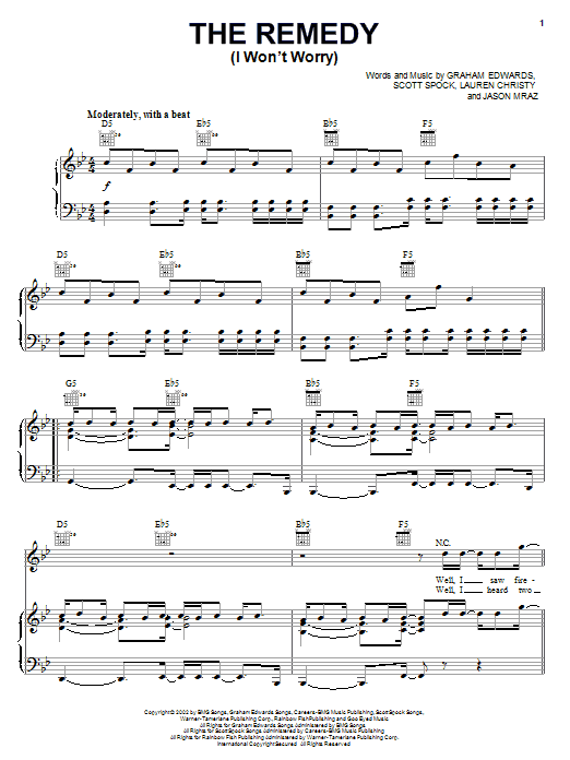 Preview Jason Mraz The Remedy (I Won't Worry) Pop sheet music, notes and chords for Piano, Vocal & Guitar (Right-Hand Melody), SKU: 23774 sheet music, piano notes, chords, guitar tabs, score, transpose, transcribe, how to play, guide, download, learn, tutorial, progression, song, artist, awards, billboard, mtv, vh1, tour, single, album, release