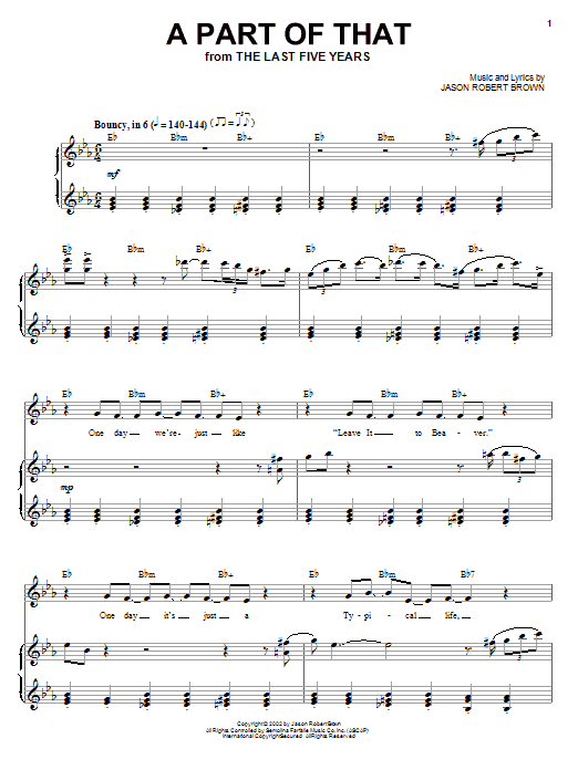 Preview Jason Robert Brown A Part Of That (from The Last 5 Years) Broadway sheet music, notes and chords for Piano, Vocal & Guitar (Right-Hand Melody), SKU: 72263 A Part Of That (from The Last 5 Years) sheet music