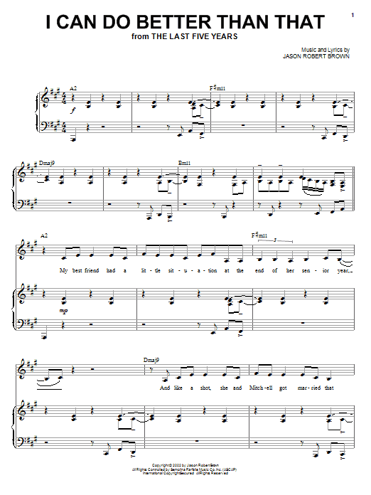 Preview Jason Robert Brown I Can Do Better Than That (from The Last 5 Years) Broadway sheet music, notes and chords for Piano, Vocal & Guitar (Right-Hand Melody), SKU: 72257 I Can Do Better Than That (from The Last 5 Years) sheet music