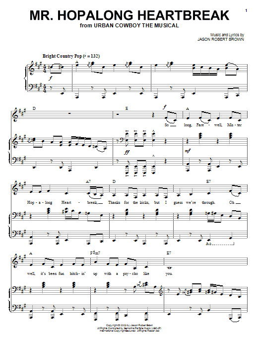 Preview Jason Robert Brown Mr. Hopalong Heartbreak (from Urban Cowboy) Broadway sheet music, notes and chords for Piano, Vocal & Guitar (Right-Hand Melody), SKU: 72370 Mr. Hopalong Heartbreak (from Urban Cowboy) sheet music
