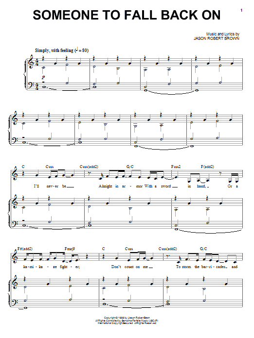 Preview Jason Robert Brown Someone To Fall Back On (from Wearing Someone Else's Clothes) Pop sheet music, notes and chords for Piano, Vocal & Guitar (Right-Hand Melody), SKU: 72980 Someone To Fall Back On (from Wearing Someone Else's Clothes) sheet music