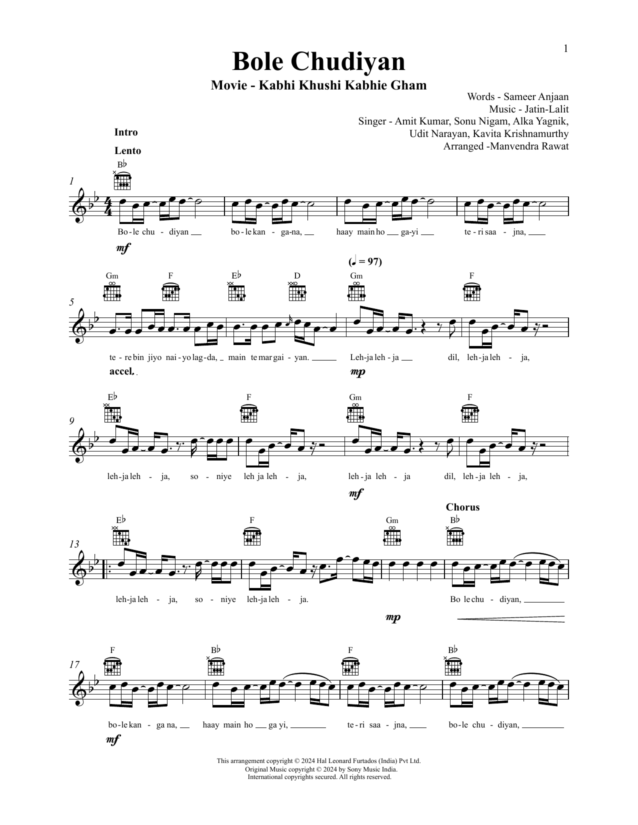 Jatin-Lalit Bole Chudiyan (from Kabhi Khushi Kabhie Gham) Sheet Music Notes & Chords for Lead Sheet / Fake Book - Download or Print PDF