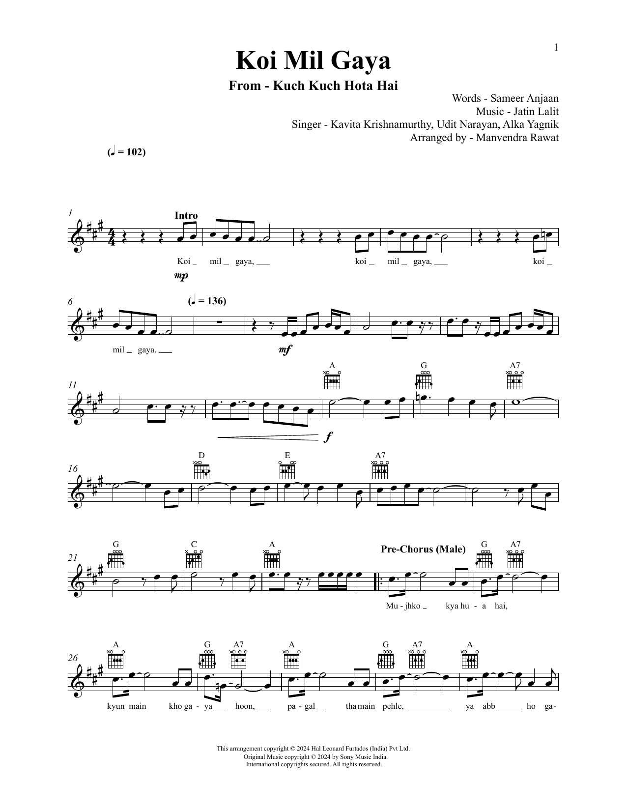 Jatin-Lalit, Udit Narayan and Alka Yagnik Koi Mil Gaya (from Kuch Kuch Hota Hai) Sheet Music Notes & Chords for Lead Sheet / Fake Book - Download or Print PDF