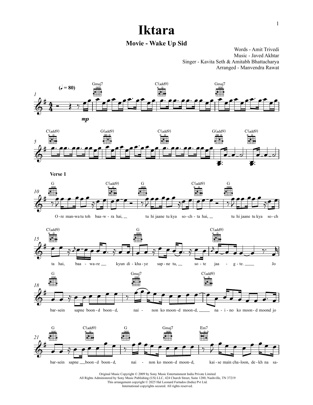 Javed Akhtar Iktara (from Wake Up Sid) Sheet Music Notes & Chords for Lead Sheet / Fake Book - Download or Print PDF