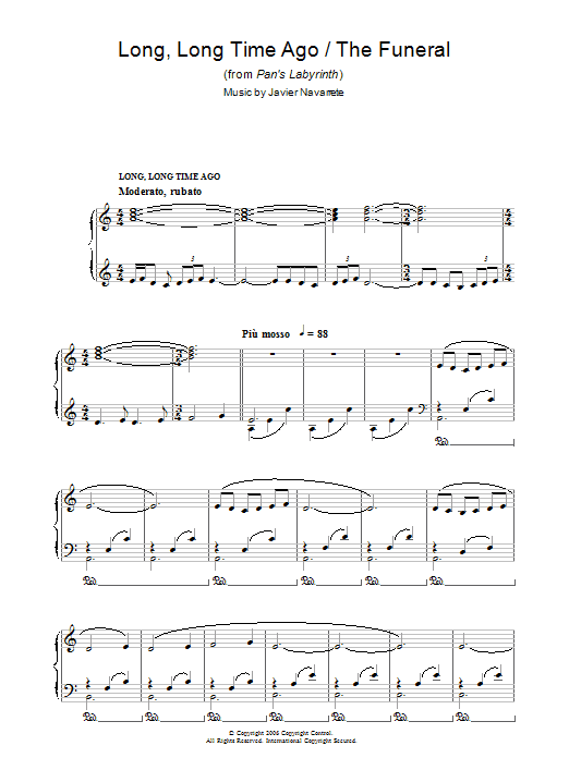 Javier Navarrete Long, Long Time Ago/The Funeral (from Pan's Labyrinth) Sheet Music Notes & Chords for Piano - Download or Print PDF