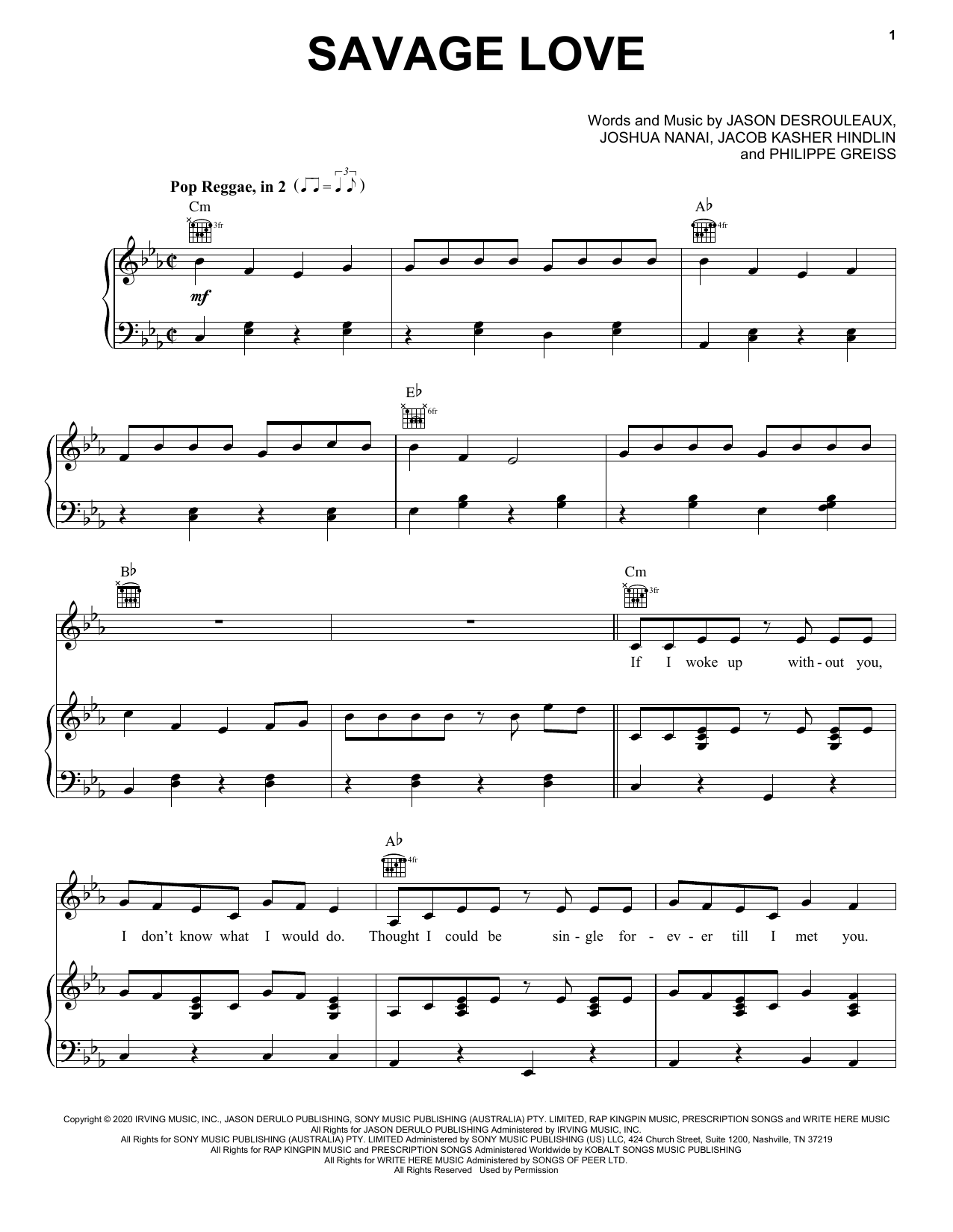 Jawsh 685 x Jason Derulo Savage Love Sheet Music Notes & Chords for Piano, Vocal & Guitar (Right-Hand Melody) - Download or Print PDF