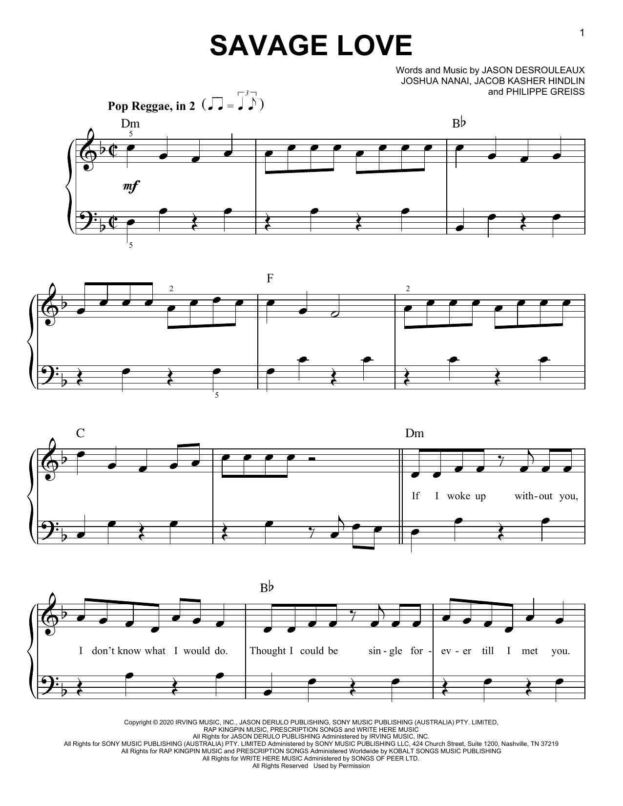 Jawsh 685 x Jason Derulo x BTS Savage Love Sheet Music Notes & Chords for Easy Piano - Download or Print PDF