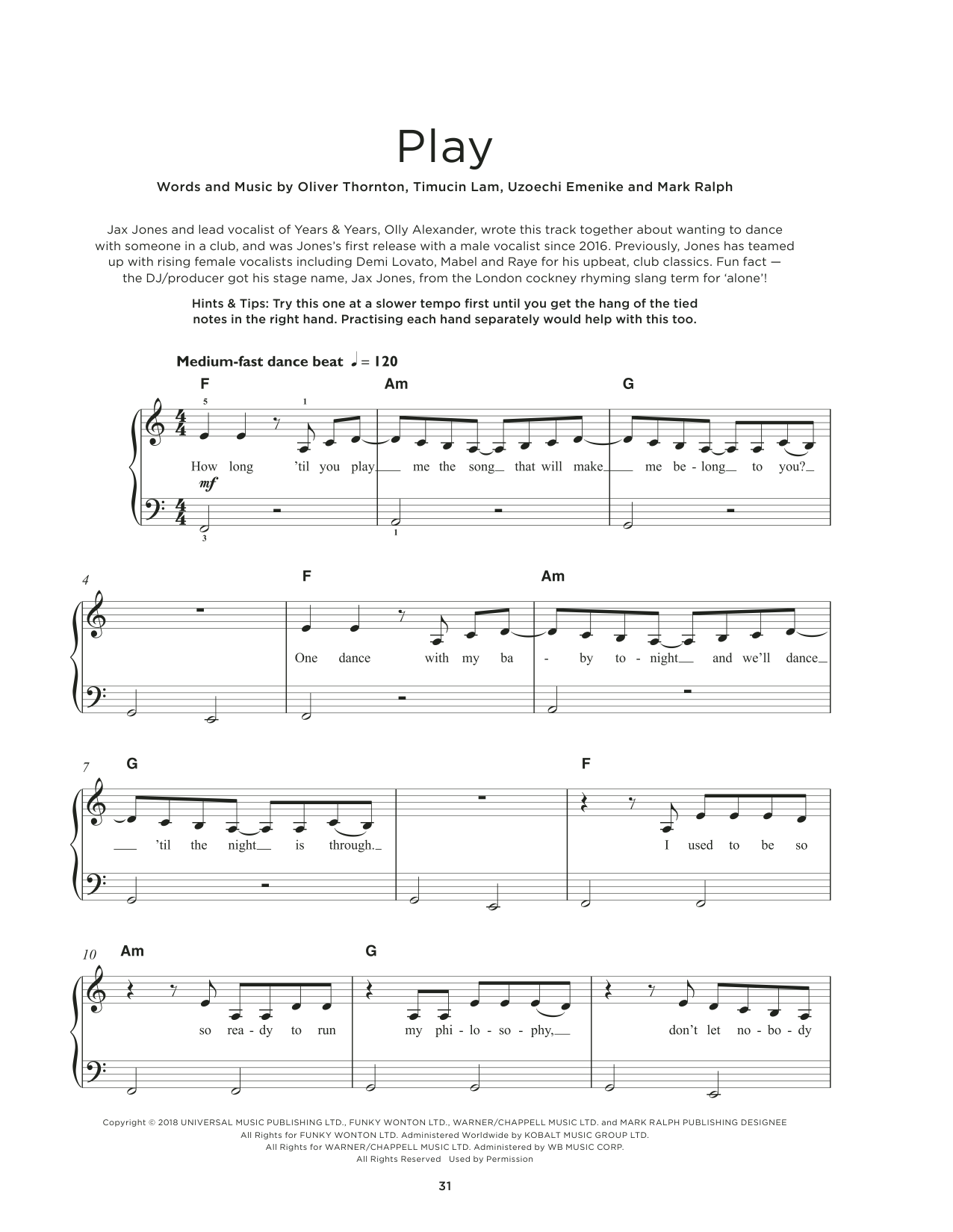 Jax Jones & Years & Years Play Sheet Music Notes & Chords for Really Easy Piano - Download or Print PDF