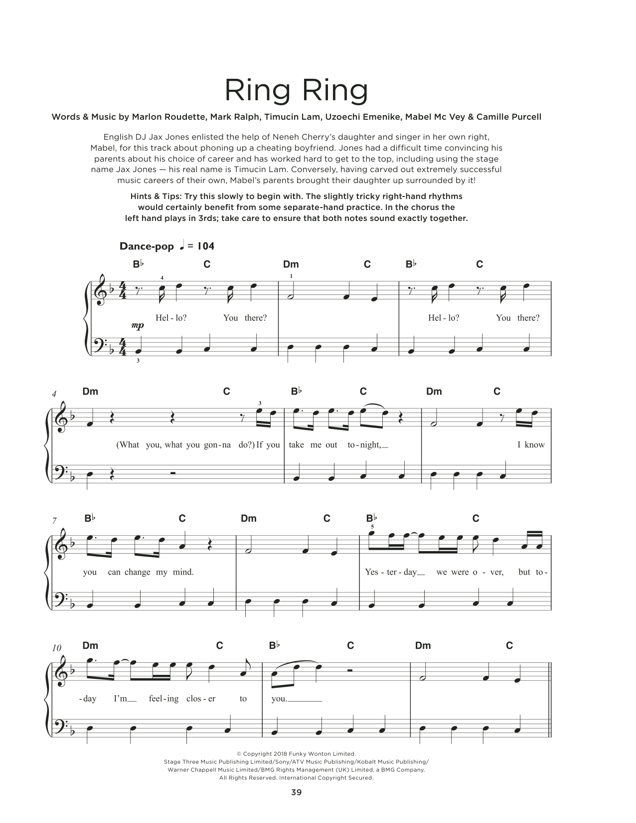 Jax Jones feat. Mabel and Rich The Kid Ring Ring Sheet Music Notes & Chords for Really Easy Piano - Download or Print PDF