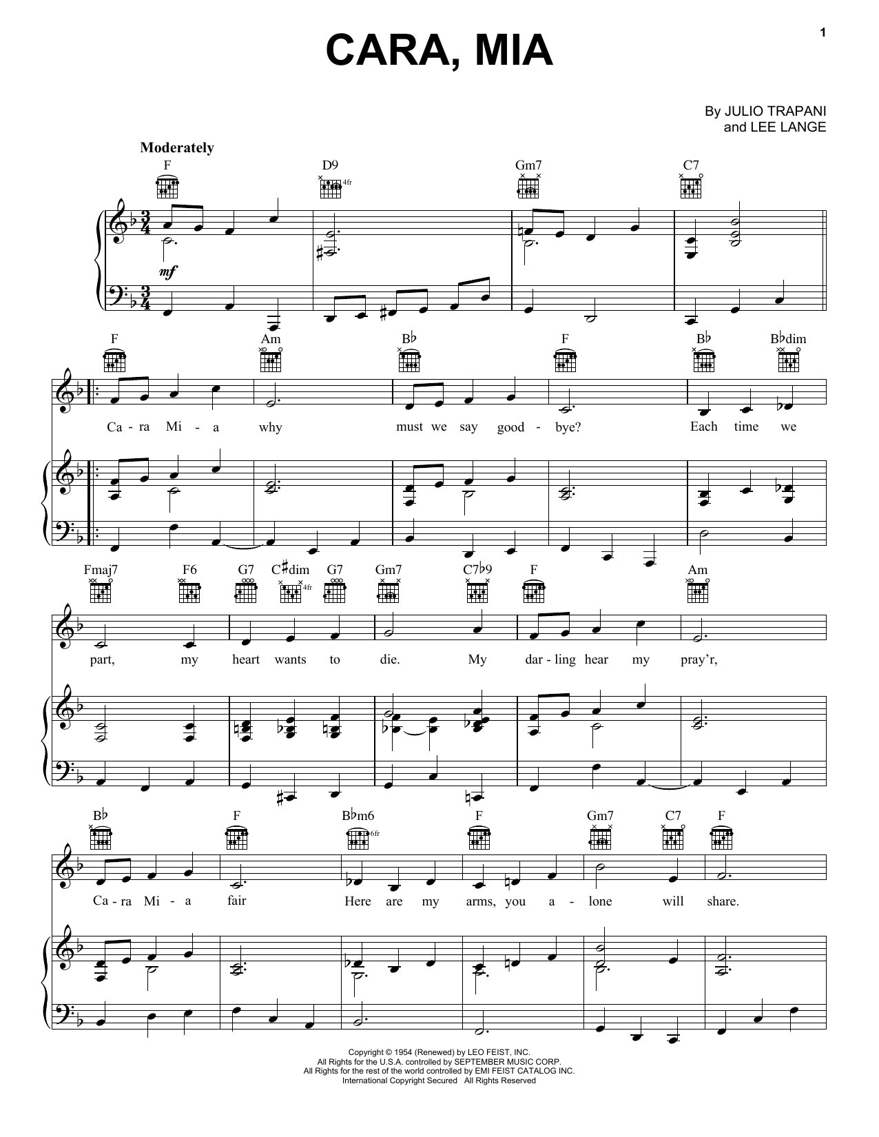 Jay & The Americans Cara, Mia Sheet Music Notes & Chords for Melody Line, Lyrics & Chords - Download or Print PDF