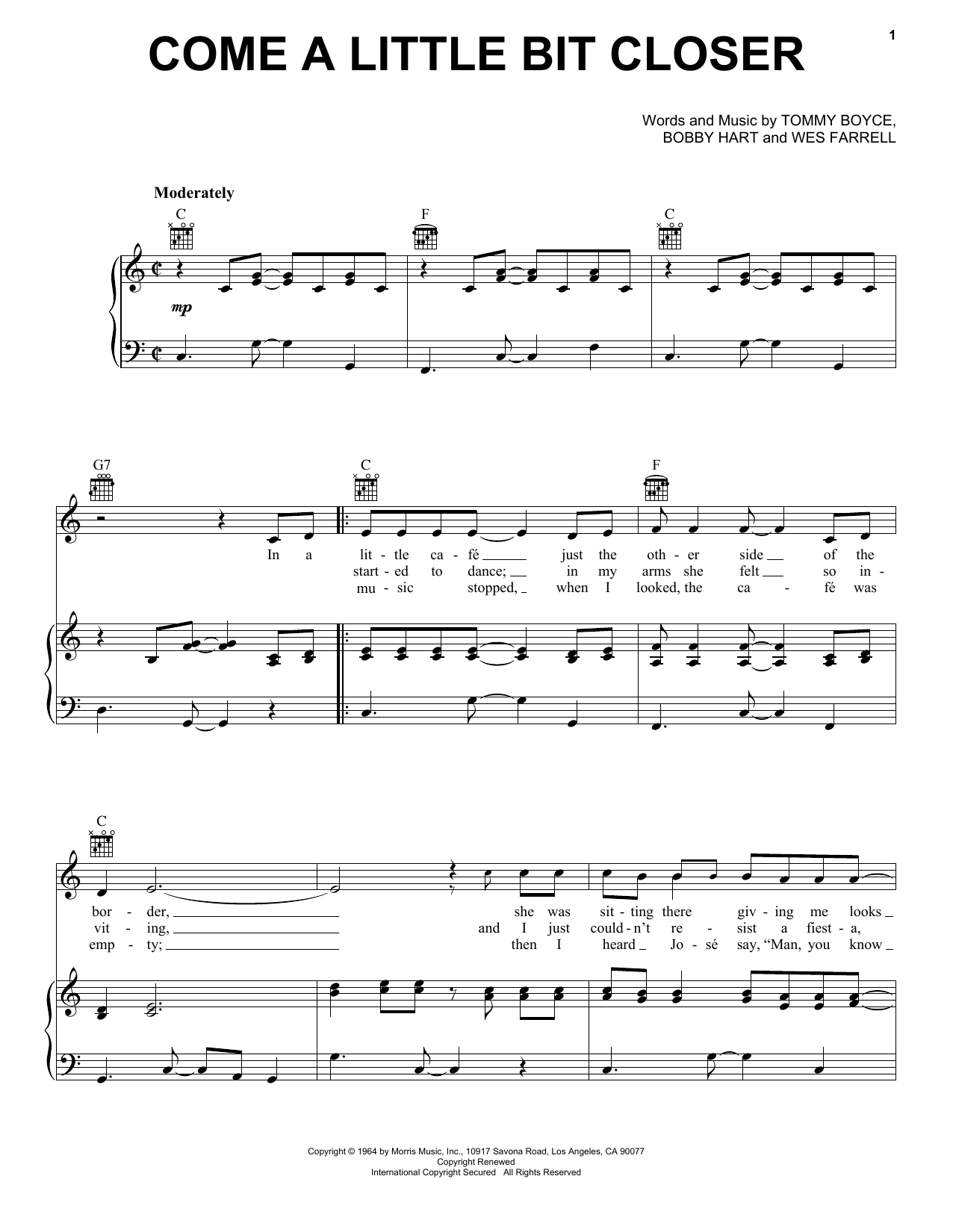 Jay & The Americans Come A Little Bit Closer Sheet Music Notes & Chords for Piano, Vocal & Guitar (Right-Hand Melody) - Download or Print PDF