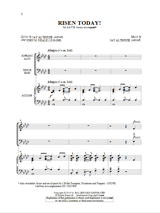 Jay Althouse Risen Today! Sheet Music Notes & Chords for SATB - Download or Print PDF