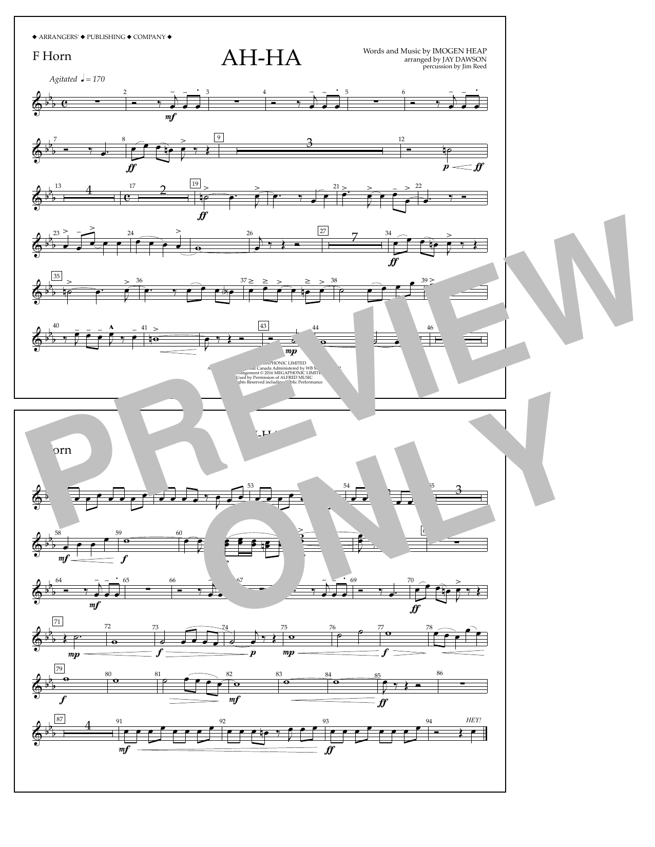 Jay Dawson Ah-ha - F Horn Sheet Music Notes & Chords for Marching Band - Download or Print PDF