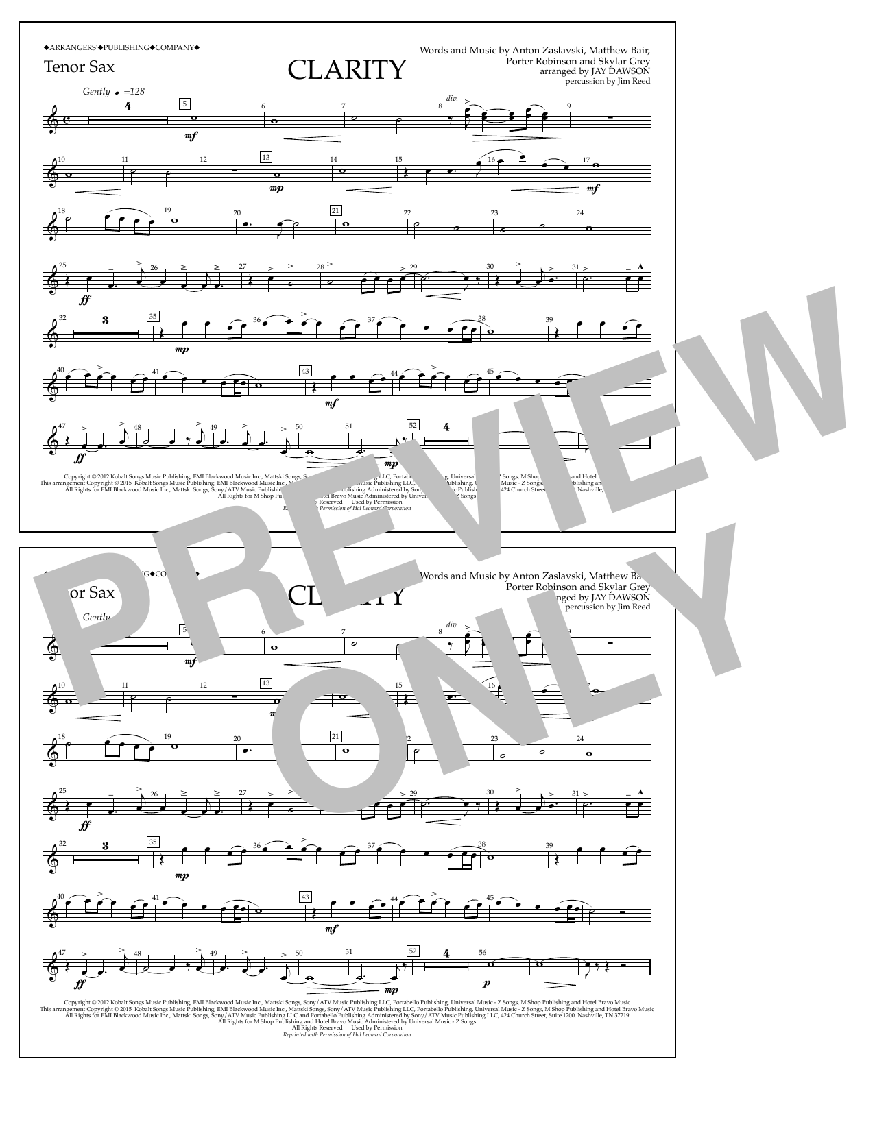Jay Dawson Clarity - Tenor Sax Sheet Music Notes & Chords for Marching Band - Download or Print PDF