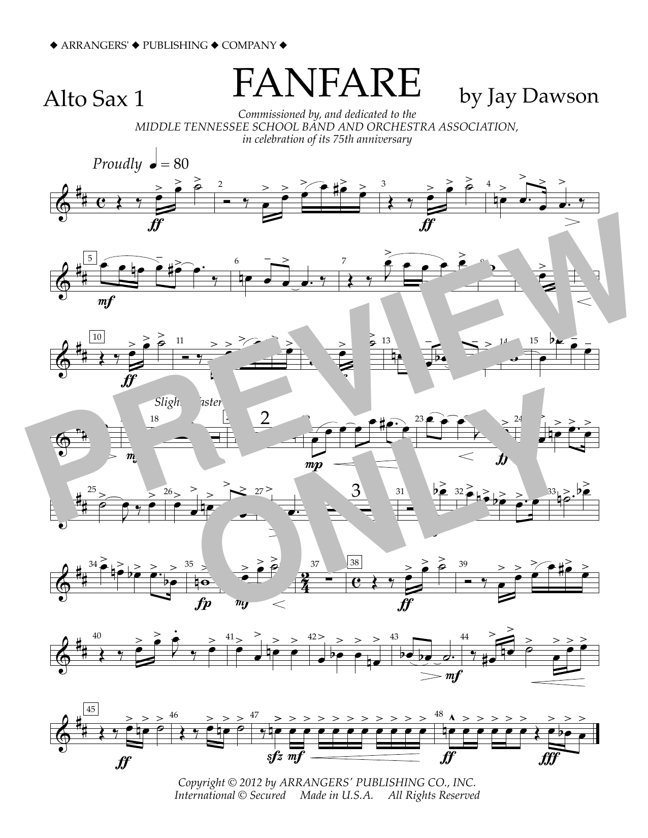Jay Dawson Fanfare - Alto Sax 1 Sheet Music Notes & Chords for Concert Band - Download or Print PDF