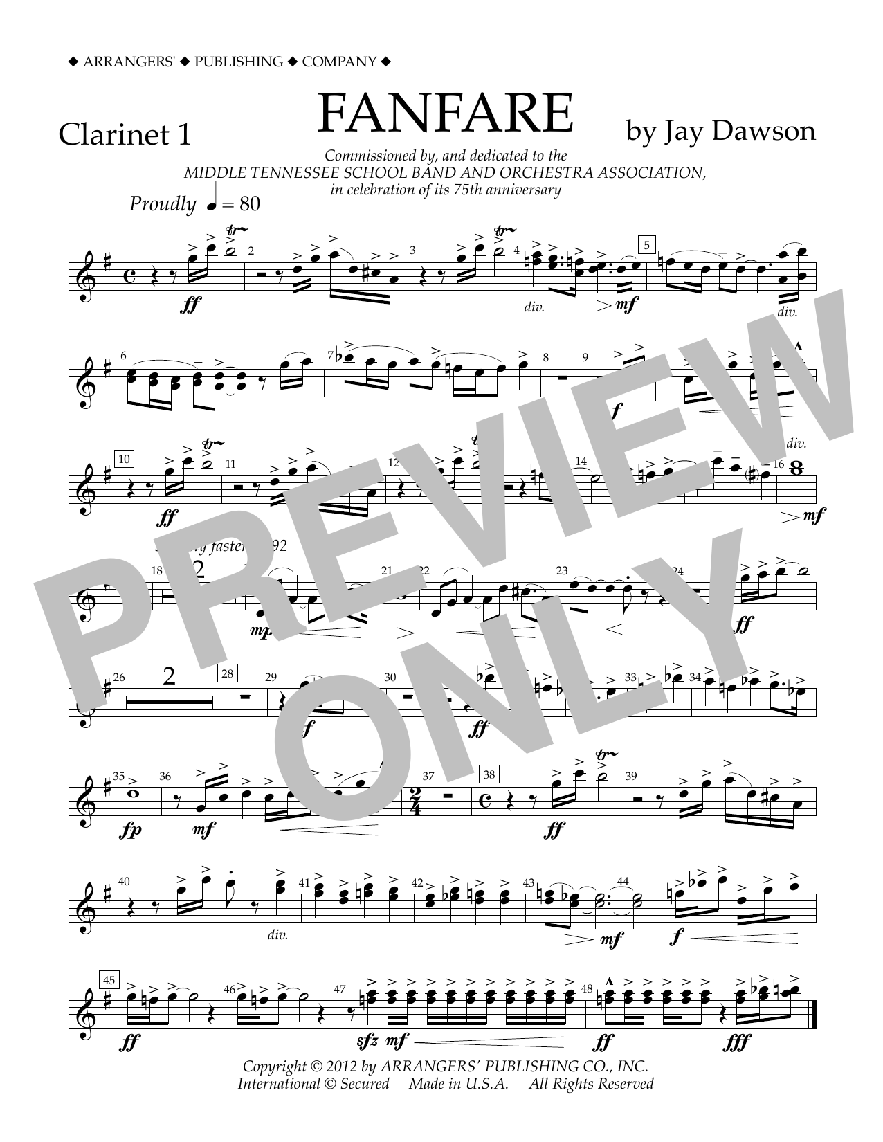 Jay Dawson Fanfare - Clarinet 1 Sheet Music Notes & Chords for Concert Band - Download or Print PDF