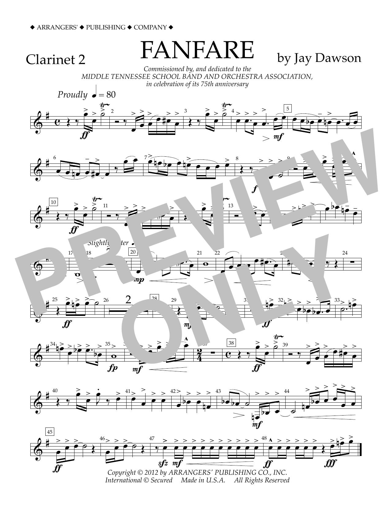 Jay Dawson Fanfare - Clarinet 2 Sheet Music Notes & Chords for Concert Band - Download or Print PDF