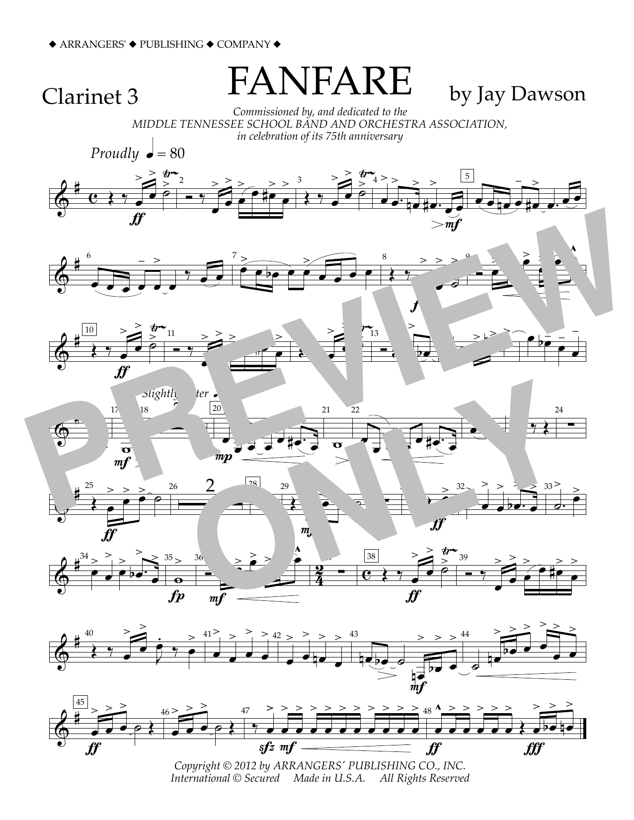 Jay Dawson Fanfare - Clarinet 3 Sheet Music Notes & Chords for Concert Band - Download or Print PDF