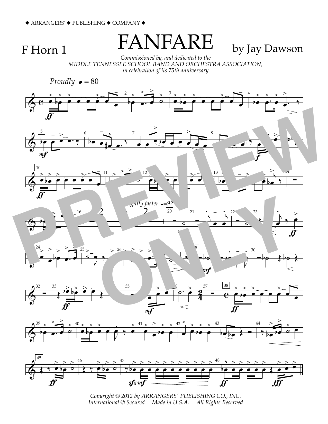 Jay Dawson Fanfare - F Horn 1 Sheet Music Notes & Chords for Concert Band - Download or Print PDF