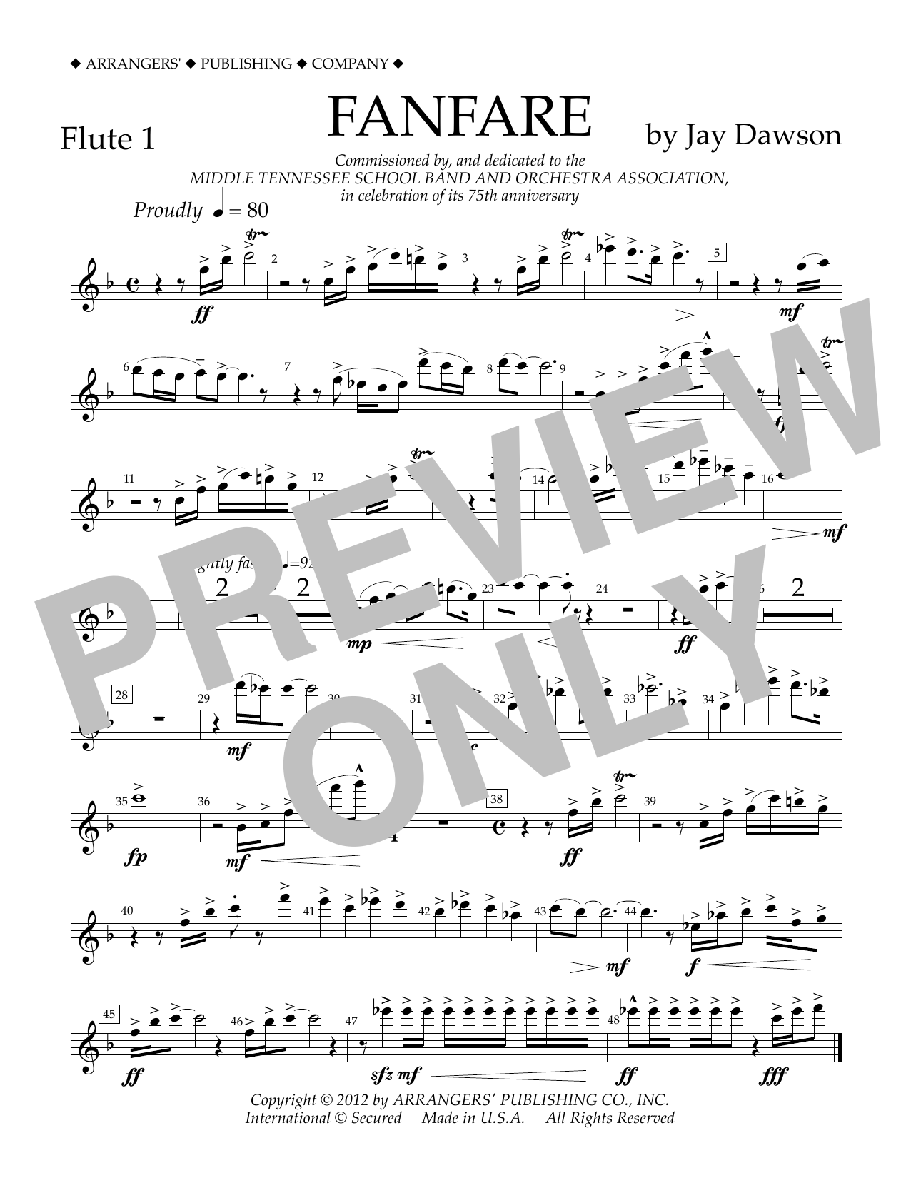 Jay Dawson Fanfare - Flute 1 Sheet Music Notes & Chords for Concert Band - Download or Print PDF