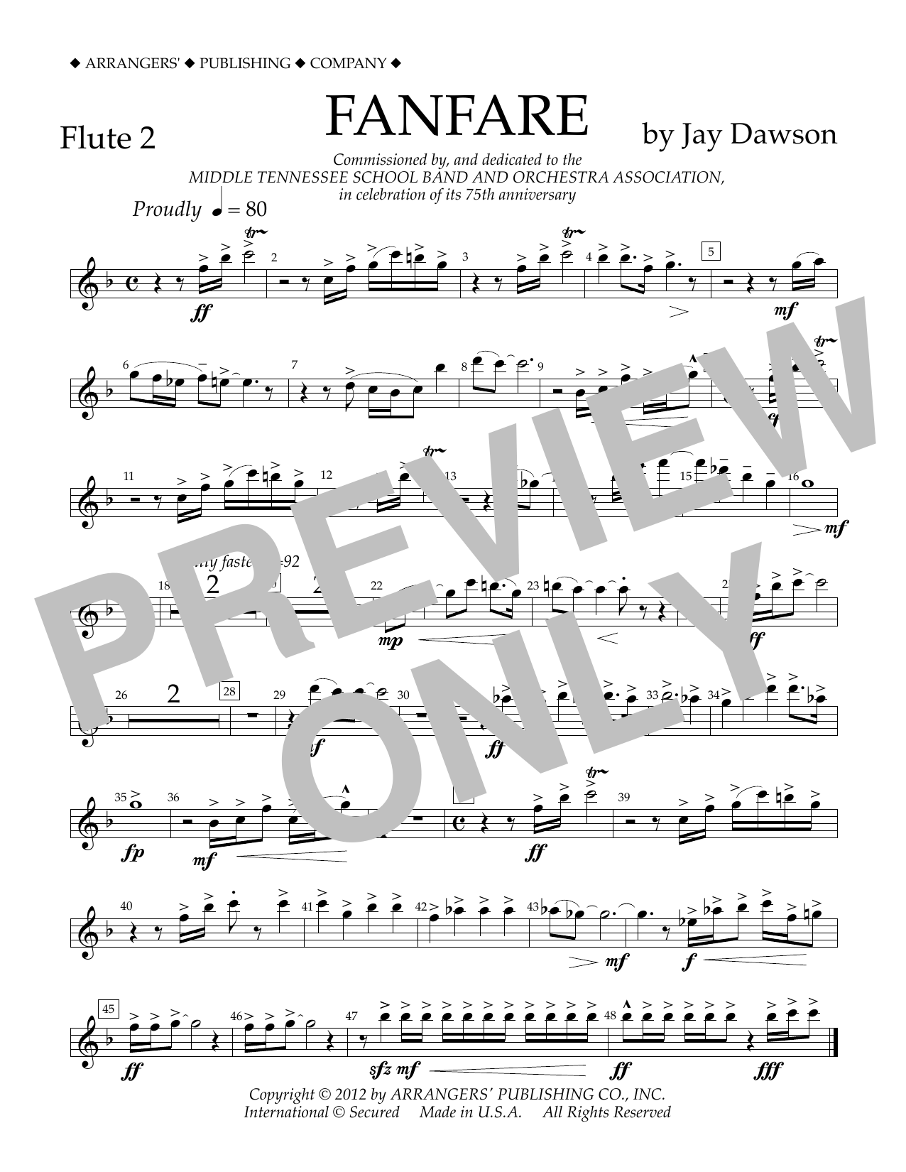 Jay Dawson Fanfare - Flute 2 Sheet Music Notes & Chords for Concert Band - Download or Print PDF