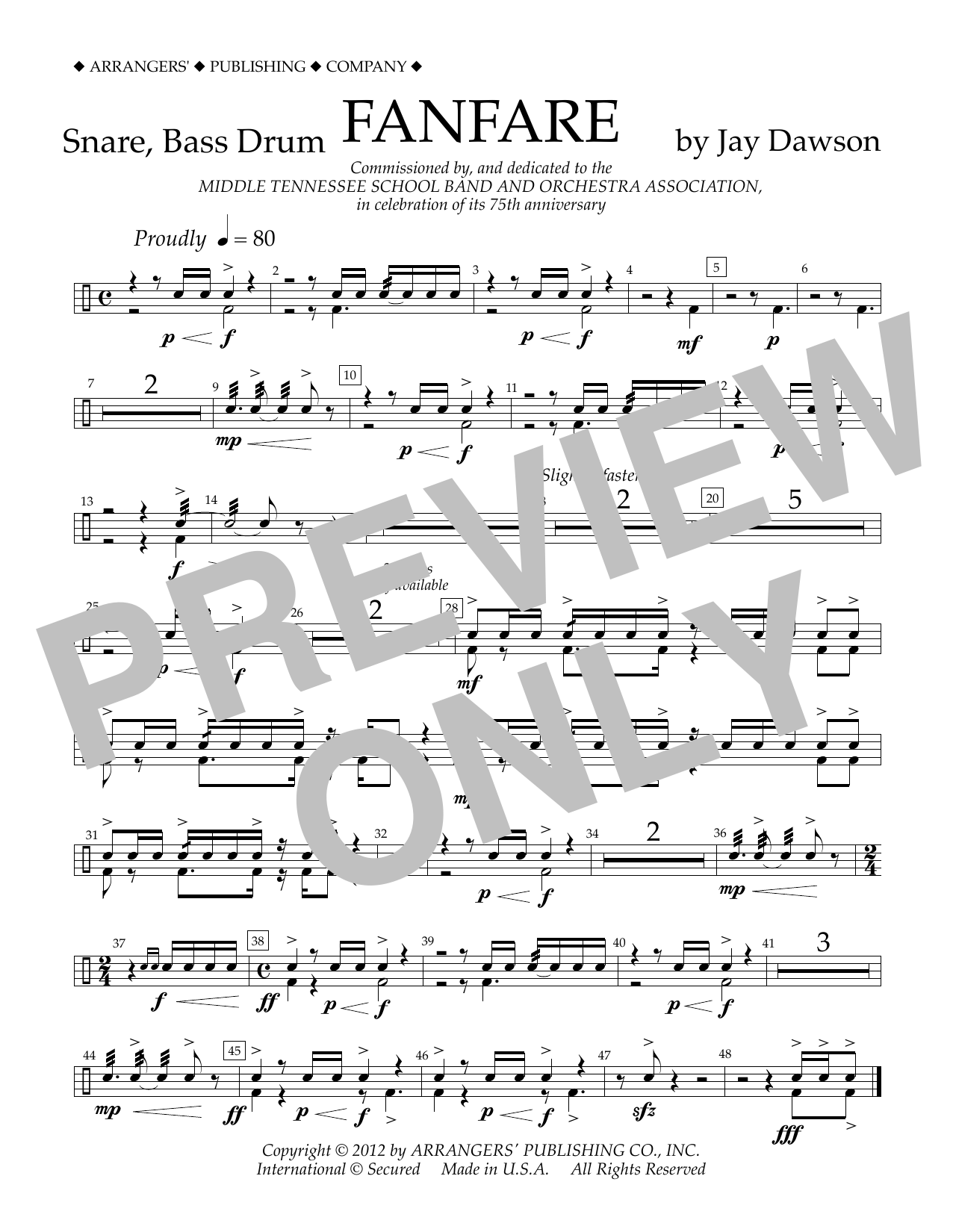 Jay Dawson Fanfare - Snare, Bass Drum Sheet Music Notes & Chords for Concert Band - Download or Print PDF