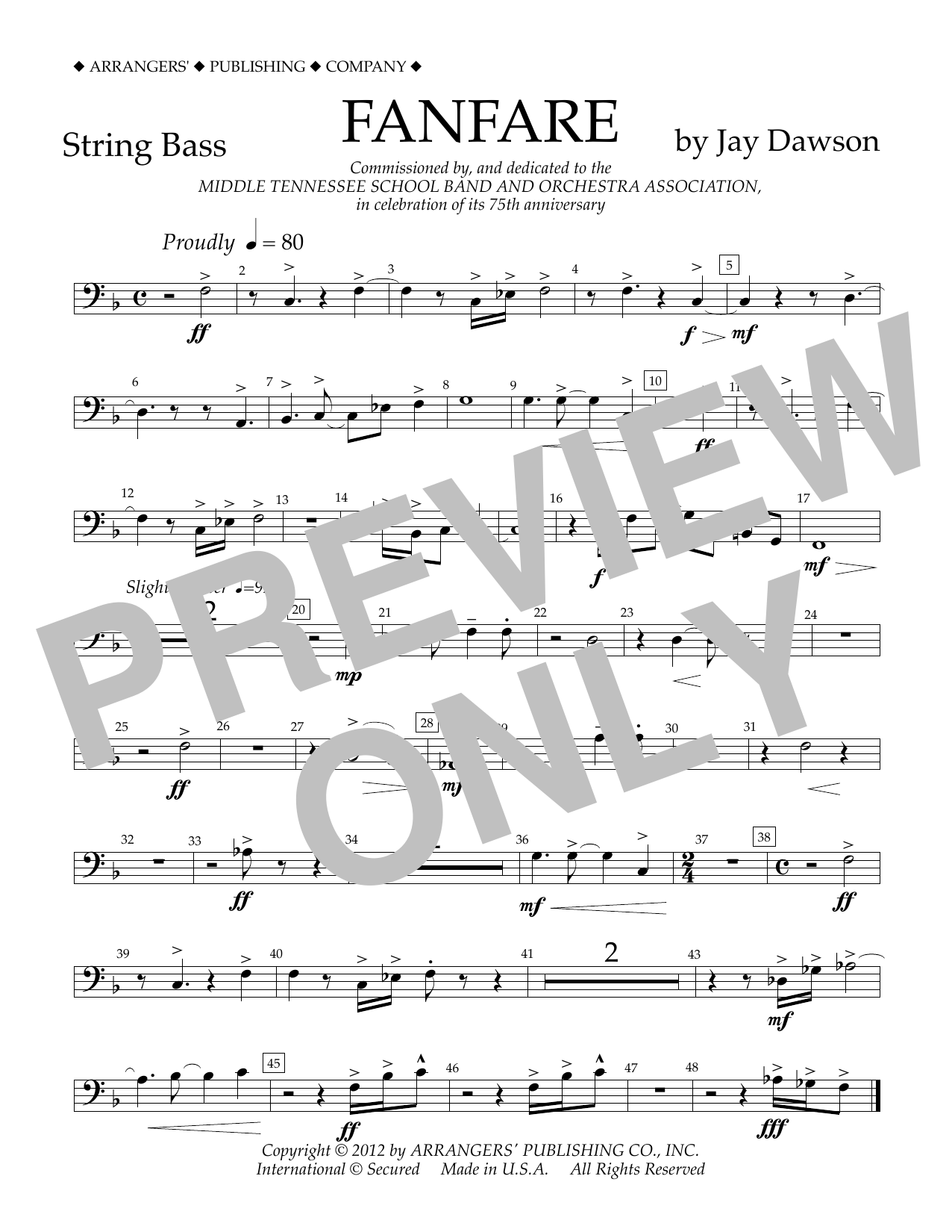 Jay Dawson Fanfare - String Bass Sheet Music Notes & Chords for Concert Band - Download or Print PDF
