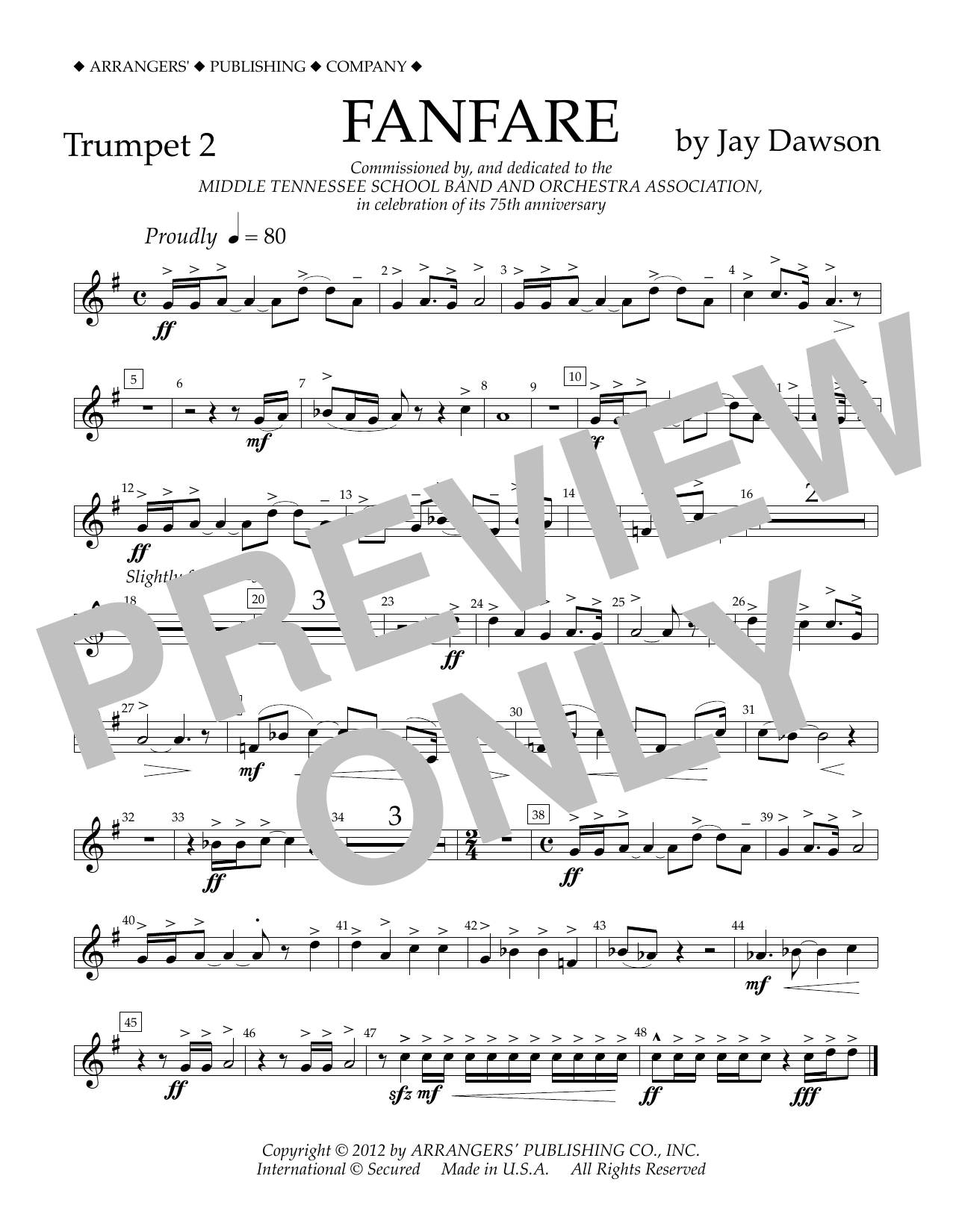 Jay Dawson Fanfare - Trumpet 2 Sheet Music Notes & Chords for Concert Band - Download or Print PDF