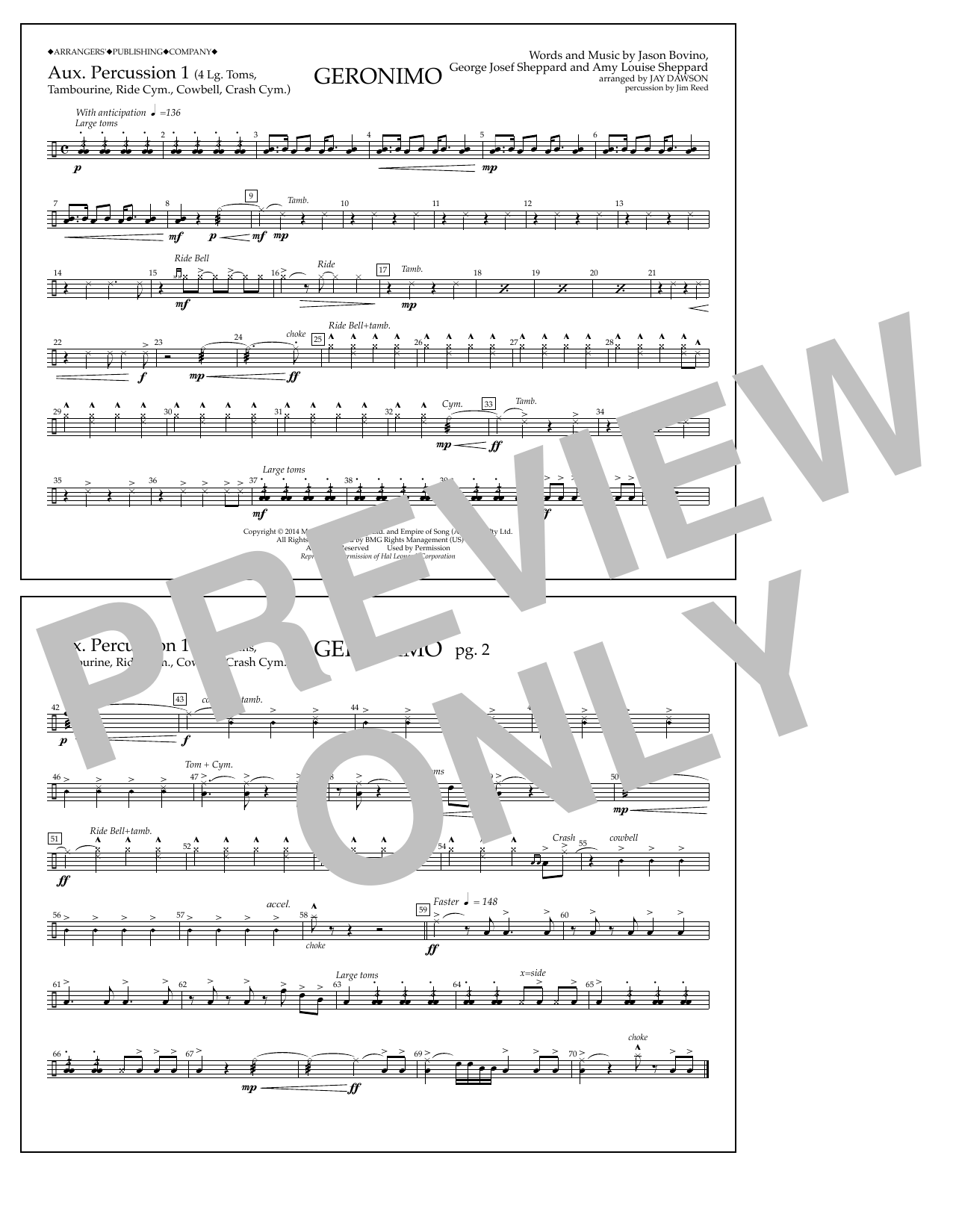 Jay Dawson Geronimo - Aux. Perc. 1 Sheet Music Notes & Chords for Marching Band - Download or Print PDF