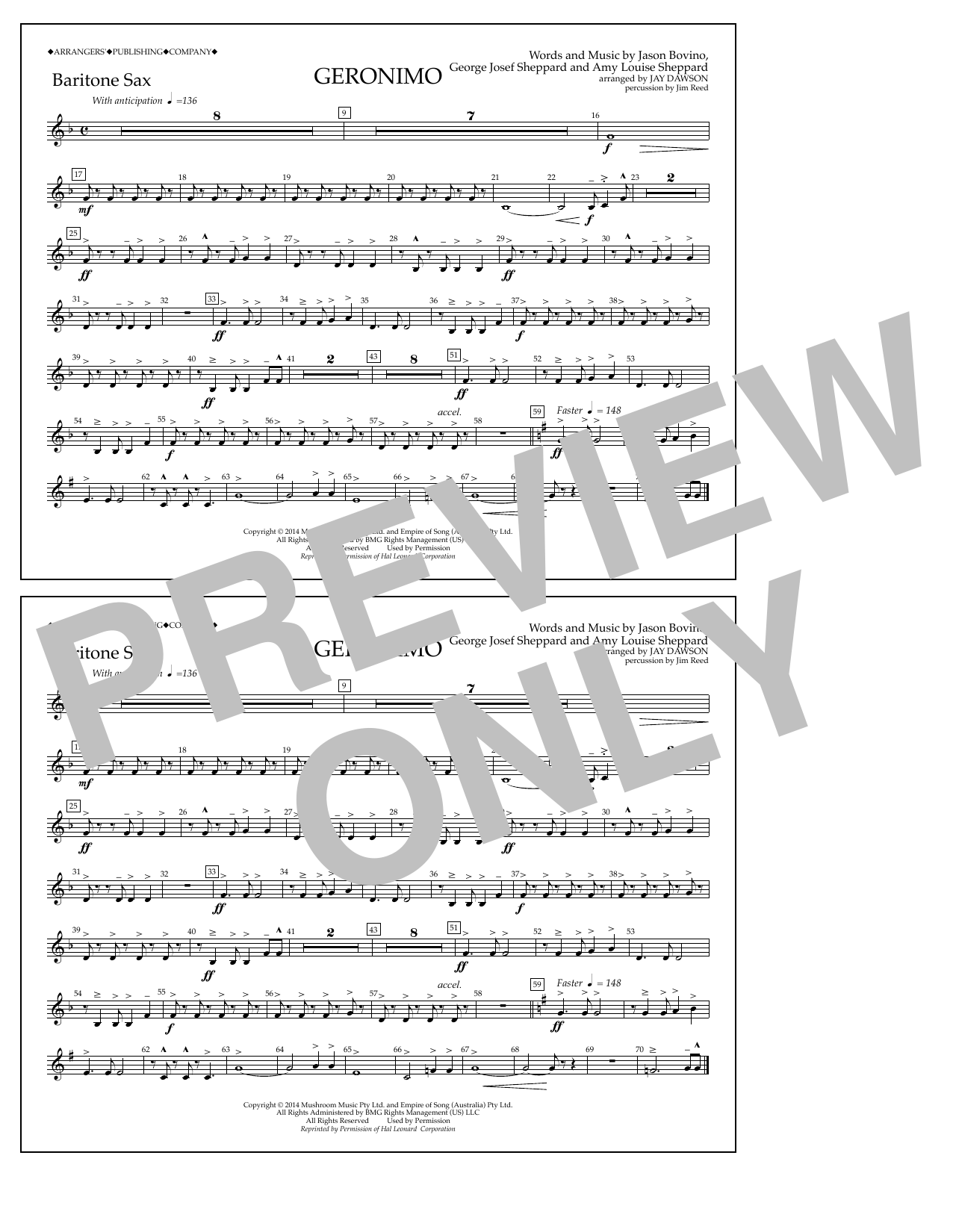 Jay Dawson Geronimo - Baritone Sax Sheet Music Notes & Chords for Marching Band - Download or Print PDF