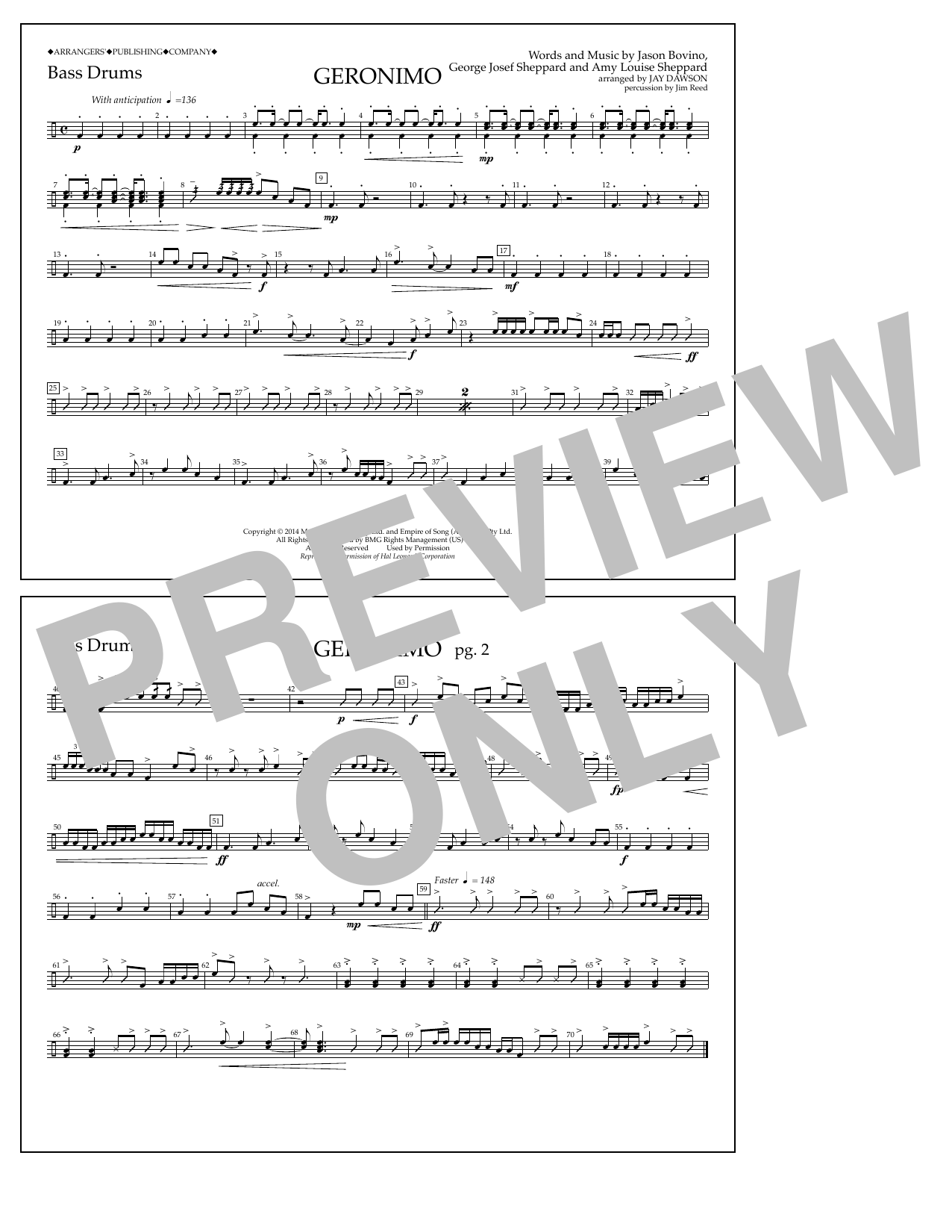 Jay Dawson Geronimo - Bass Drums Sheet Music Notes & Chords for Marching Band - Download or Print PDF