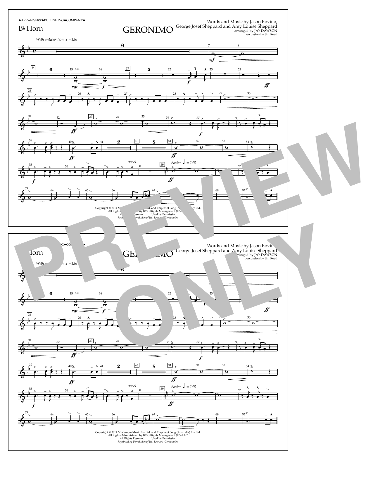 Jay Dawson Geronimo - Bb Horn Sheet Music Notes & Chords for Marching Band - Download or Print PDF